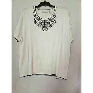 Alfred Dunner Women’s Top White W/ Black Trim Beaded Short-Sleeves Size XL